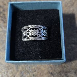 Elegant Sterling Silver Filigree Band Ring with Real Diamonds Size 8